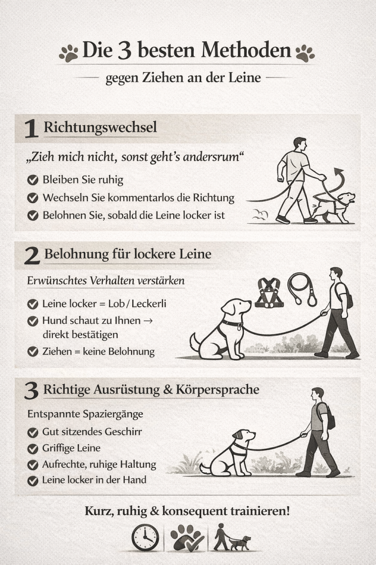 Infografik mit drei bewährten Methoden, um einem Hund das Ziehen an der Leine abzugewöhnen