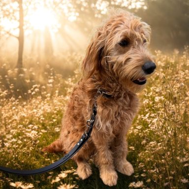Ein brauner Hund sitzt auf einer blühenden Wiese mit Sonnenstrahlen im Hintergrund.
